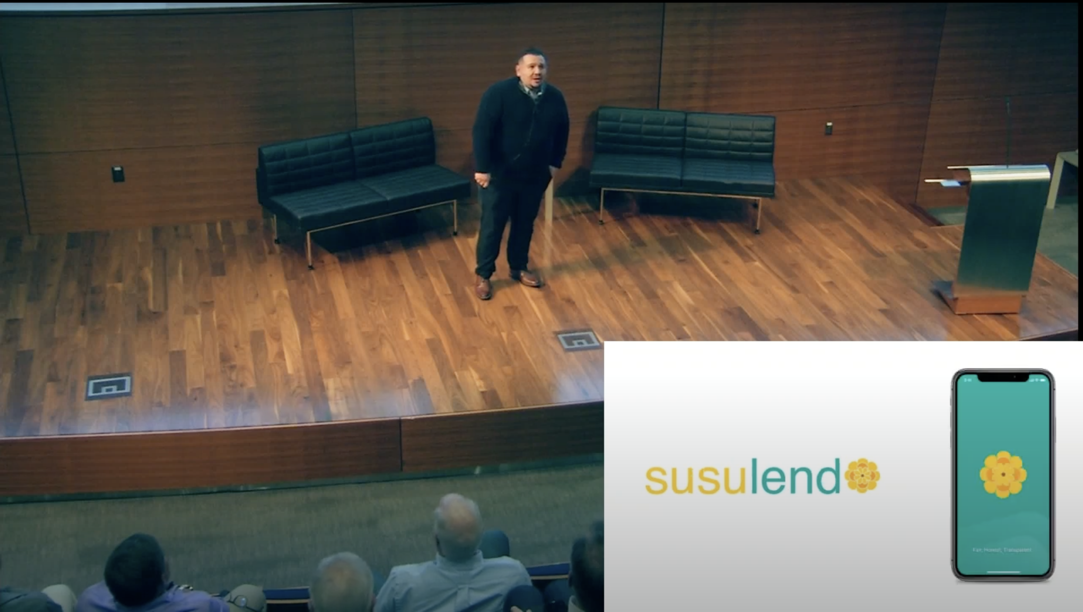 Pedro Escobar pitching Susu Lend at the NEXT Accelerator showcase